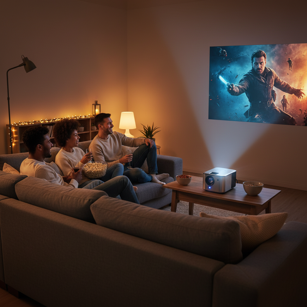 Portable projector showing movie on wall in cozy living room