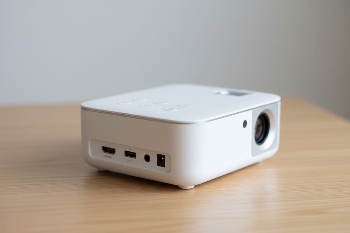 Portable 4K projector product close-up on wooden table with studio lighting