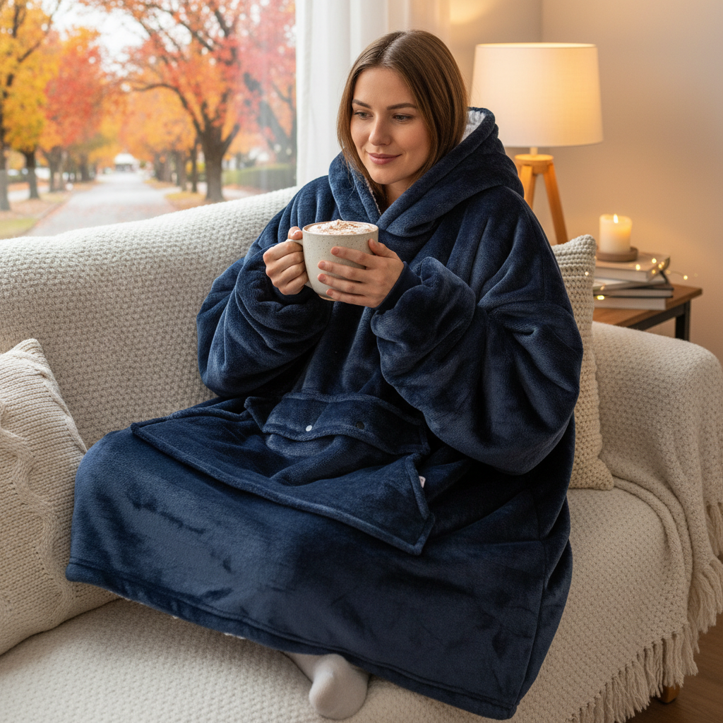 Person wearing cozy navy heated hoodie blanket on a couch in autumn