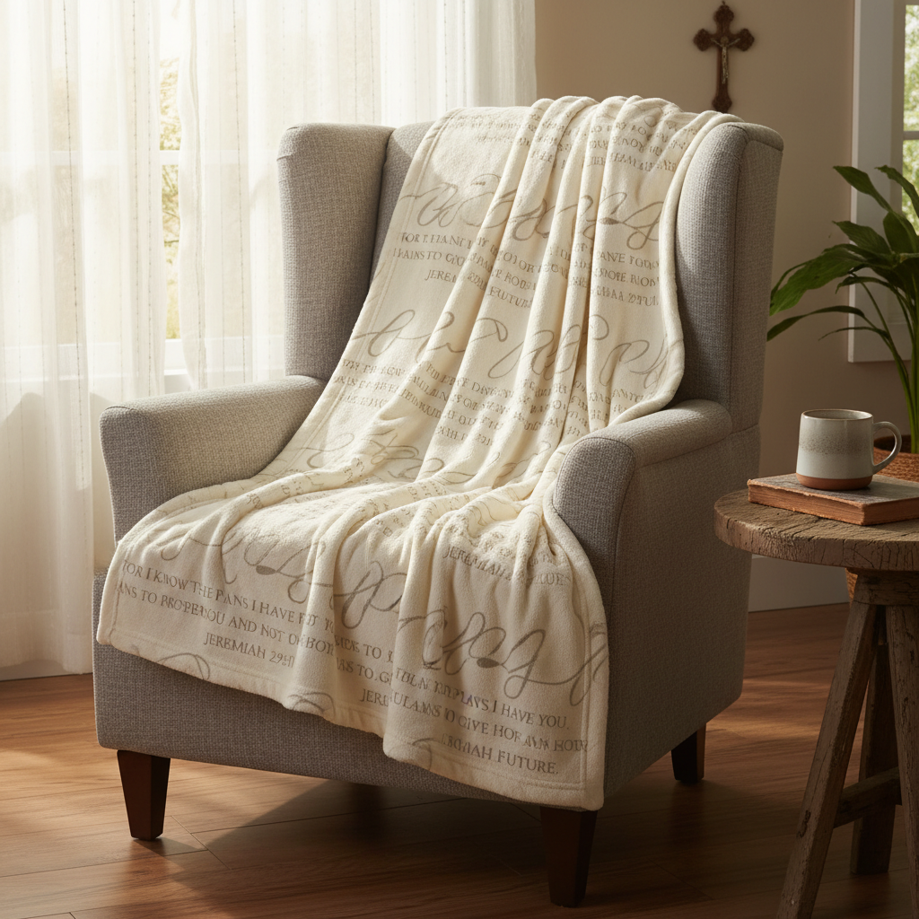 Christian Bible Verse Blanket draped over armchair in cozy faith-inspired setting
